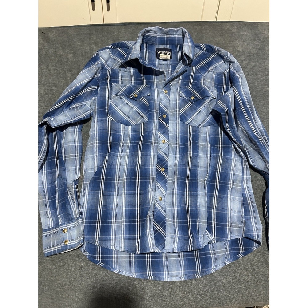 Wrangler Boys Blue‎ Plaid Western Pearl Snap Button Down Shirt Size XL 14-16